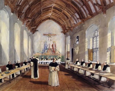 Reconstruuction drawing of the refectory of the Cistercian monastery of Cleeve Abbey, 1991
