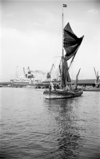 A Thames sailing barge in the Royal Albert Dock, Canning Town, London, c1945-c1965