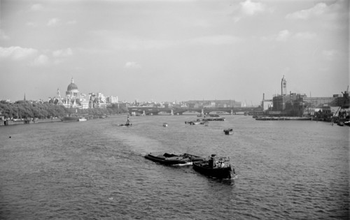 A view from Waterloo Bridge towards St Paul's Cathedral and the City of London, c1945-c1965