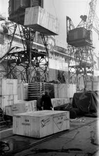Cased car parts bound for Australia being loaded, King George V Dock, London, c1945-c1965