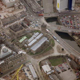 An aerial view of Manchester Cathedral, 2001
