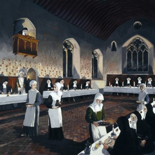Reconstruction of the refectory during the 15th century, Denny Abbey, Cambridgeshire, 1993
