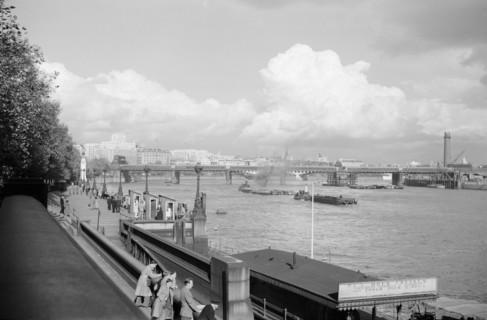 A view of Hungerford Bridge and River Thames, Lambeth, London, c1945-1965