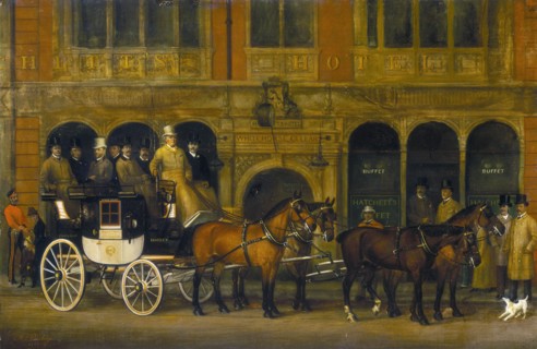 'James Selby's Brighton Coach outside the New White Horse Cellar, Piccadilly, c1888.   Artist: AS Bishop