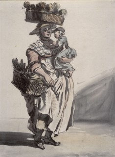 A London green vegetable seller carrying a child, 1759. Artist: Paul Sandby