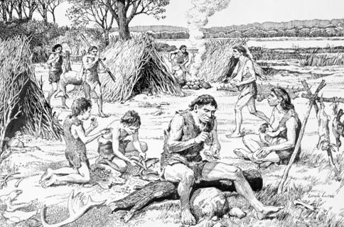 Prehistoric people in a settlement, Swanscombe, Kent, c350,000 BC. Artist: Derek Lucas