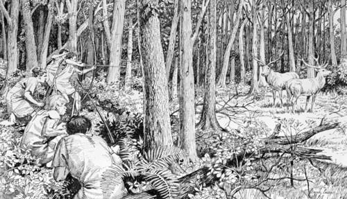 Prehistoric hunters stalking red deer, Southern England, 6000 BC. Artist: Derek Lucas