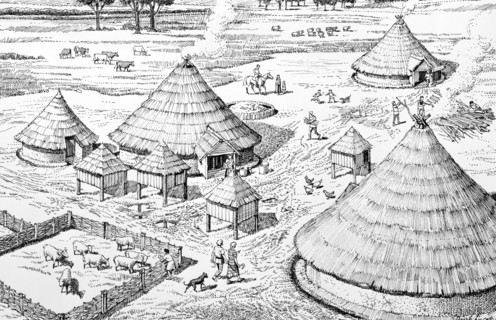 Iron Age settlement, c400-c150 BC. Artist: Derek Lucas