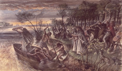 The offering of an Iron Age shield to the river. Artist: Unknown
