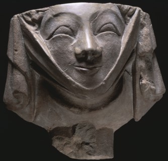 Stone corbel in the shape of a smiling nun, medieval, 14th century. Artist: Unknown