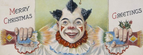 Christmas card; clown pulling a cracker, early 20th century. Artist: Unknown