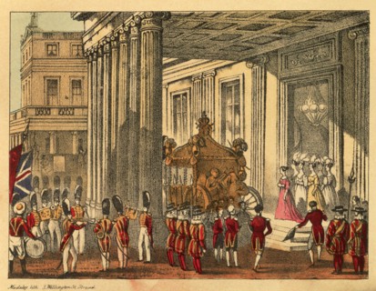 Her Majesty leaving Buckingham Palace. Artist: Madeley