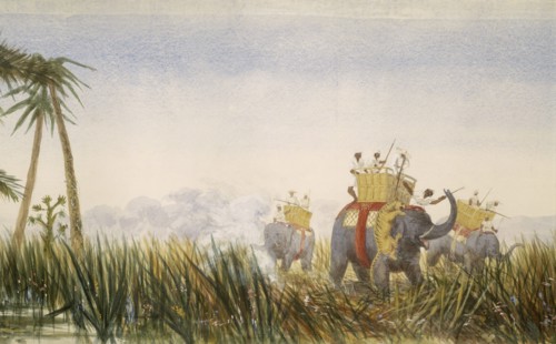 Tiger attacking an elephant; part of the London to Hong Kong Panorama. Artist: Unknown