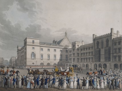 Crowds cheering Queen Victoria at Carlton House, London, (c1842?). Artist: Unknown