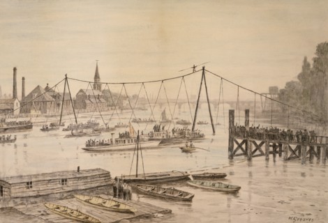 Charles Blondin crossing the Thames on a tightrope, London, before 1897.  Artist: Walter Greaves