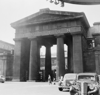 Arch outside the main entrance to Euston Station, Camden, London, 1952. Artist: Henry Grant