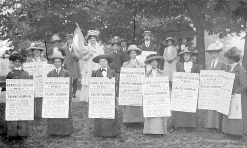 A 'poster parade' of suffragettes advertising a meeting to be held on Ealing Common, June 1912. Artist: Unknown