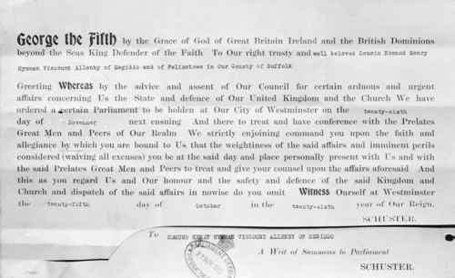 A writ of summons to Parliament, 1935. Artist: Unknown