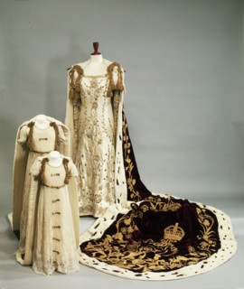 Coronation dresses and robes worn by the Queen Mother and Princesses Elizabeth and Margaret, 1937. Creator: Madame Handley-Seymour.