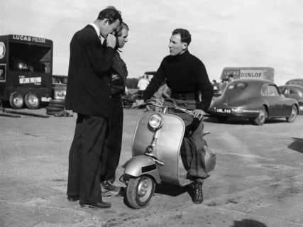 Stirling Moss on a Vespa scooter, Goodwood, April 1952. Artist: Unknown