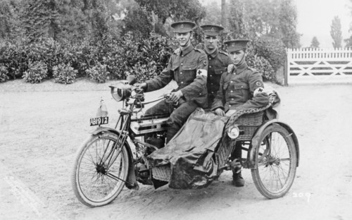 Three soldiers on a bicycle and sidecar, (WWI?). Artist: Unknown