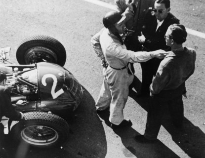 Giuseppe Farina and Alfa Romeo 159, French Grand Prix, Rheims, 1951. Artist: Unknown