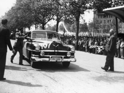 Paul Frere in a Chrysler Saloon V8, in the Mille Miglia, 1953. Artist: Unknown