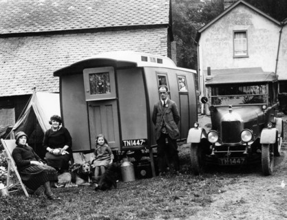 Family group with a 1925 Morris Oxford 14/28 and caravan, (Eccles, c1926?). Artist: Unknown