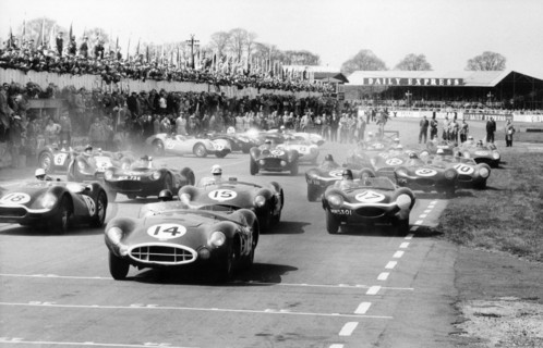Scene at the start of a sports car race, Silverstone, Northamptonshire, (late 1950s?). Artist: Maxwell Boyd