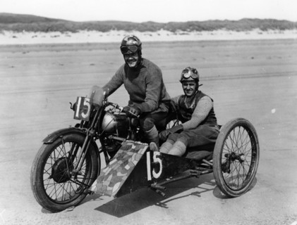 CE Edwards on a Brough Superior, Pendine Sands, Carmarthenshire, Wales, (c1920s?). Artist: Unknown