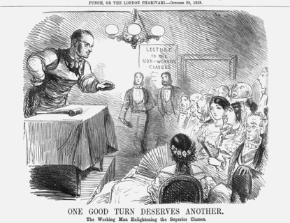 'One Good Turn Deserves Another. The Working Man Enlightening the Superior Classes', 1858. Artist: Unknown