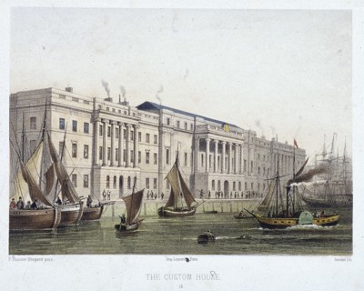 Custom House and River Thames, London, 1854. Artist: Louis Julien Jacottet