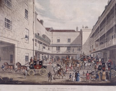 Royal Mail Coaches at Lad Lane, London, 1831. Artist: F Rosenberg