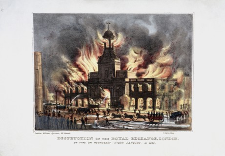 'Destruction of the Royal Exchange' (2nd) fire, London, 1838. Artist: W Clerk