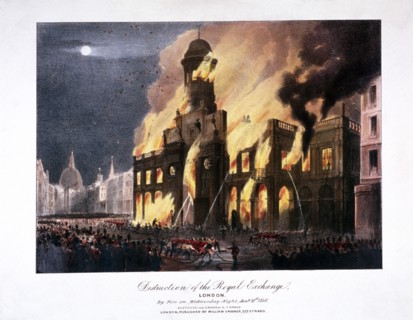 'Destruction of the Royal Exchange' (2nd) fire, London, 1838. Artist: Anon
