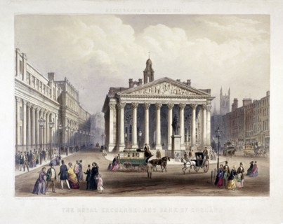 Royal Exchange and the Bank of England on the left, London, 1851. Artist: Thomas Picken