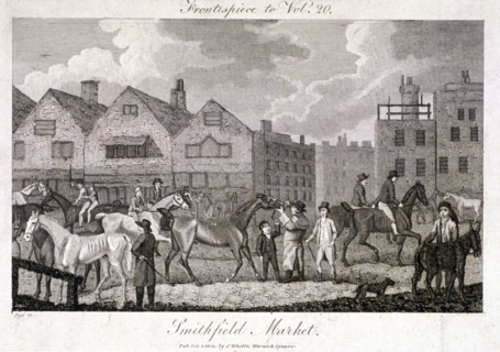 View of the horse fair at Smithfield Market, London, 1802. Artist: Charles Pye