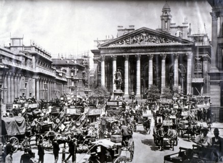 Crowded street scene in front of the Royal Exchange, London, c1900. Artist: Unknown