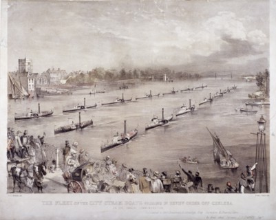 The fleet of the City steamboats passing in review order off Chelsea, London, c1860. Artist: Edwin Jewitt