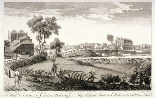 West view of Chelsea Bridge, London, c1760. Artist: William Lodge