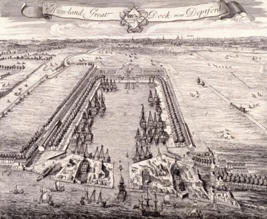 Aerial view of Howland Great Dock, Rotherhithe, Bermondsey, London, c1717. Artist: Johannes Kip