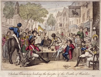 Chelsea Pensioners reading the gazette of the Battle of Waterloo, Chelsea, London, 1815 Artist: Anon