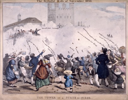 Siege at the Tower of London, 1830. Artist: Anon