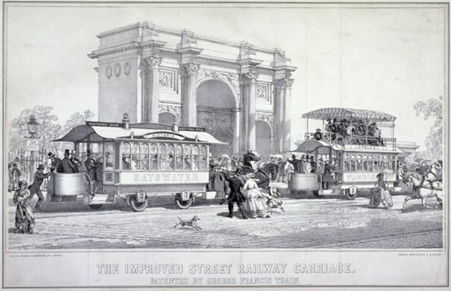 Marble Arch and street trams, London, 1860. Artist: Macdonald