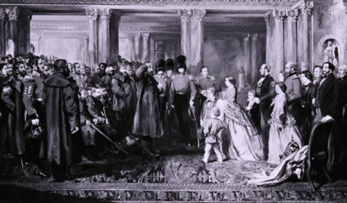 Queen Victoria presenting medals to the Guards after the Crimean War, 1856. Artist: W Bunney