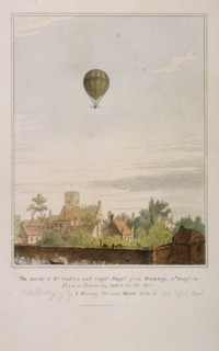 View of James Sadler's balloon over Mermaid Gardens, Hackney, London, 1811. Artist: Anon