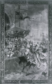 Solemn Joust on London Bridge, late 15th century, (1886). Artist: Richard Beavis