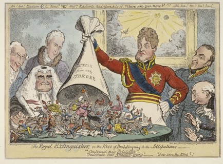 'The Royal Extinguisher, or the King of Brobdingnag & the Lilliputians', 1821. Artist: George Cruikshank