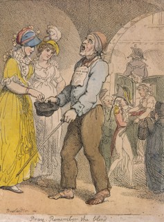 'Pray remember the blind'; scene under Covent Garden piazza, Cries of London, 1811. Artist: Anon