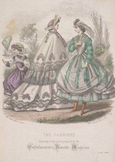 Two women and a child with a butterfly net model the latest fashions, 1864. Artist: Anon